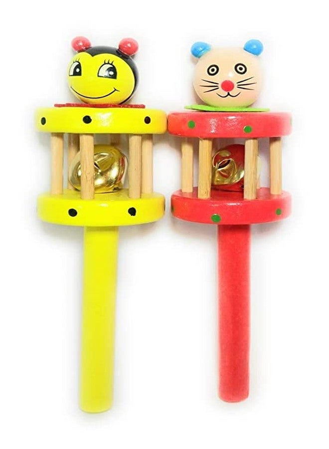 Shopfleet Pack of 2 Pcs Wooden Cartoon Cage Bell Rattle Handheld Bell Musical Kids Toy Gift Baby Non-Toxic Safe Ring/Bed Bell (Multicolor) - Image 1